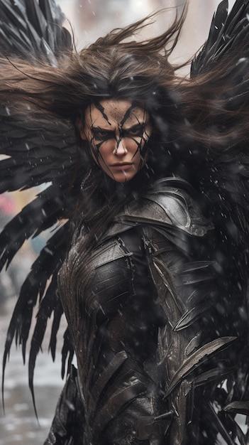 Una mujer con alas negras y un tocado de plumas negras se para en la nieve.