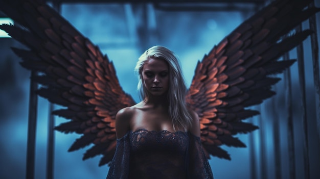 Una mujer con alas que dice 'angel' en él generativo ai