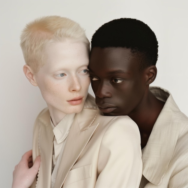 Foto una mujer albina con cabello corto y piel blanca con traje de pie junto a su novio negro