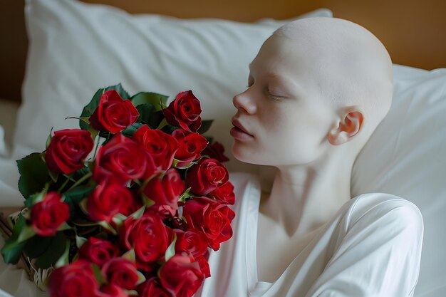 Una mujer albina escandalosa abrazando la individualidad con un ramo de rosas escarlata