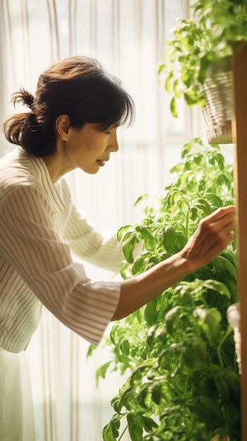 una mujer alcanzando una planta en una maceta