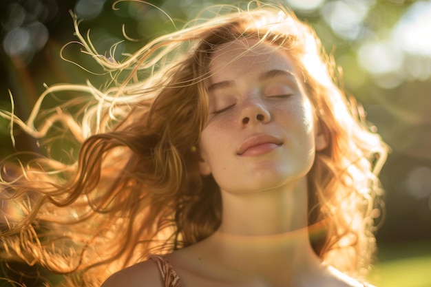 Una mujer alegre abraza el sol de verano en el parque