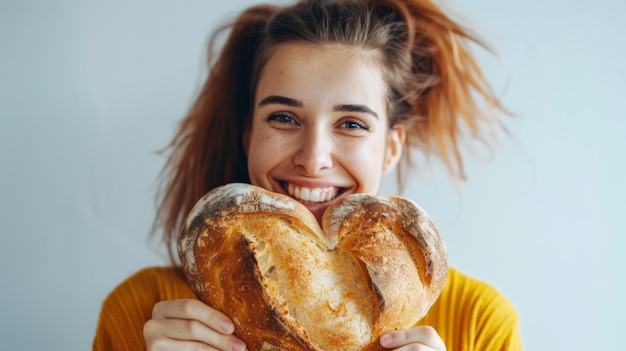 Una mujer alegre abrazando un pan en forma de corazón con una sonrisa radiante