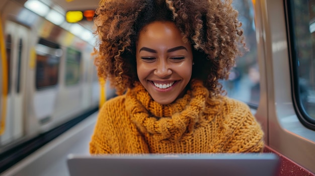 Mujer alegre absorta en una computadora portátil en el metro