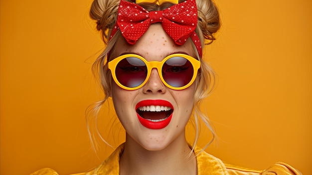 Mujer alegre de amarillo con gafas de sol retro y arco rojo