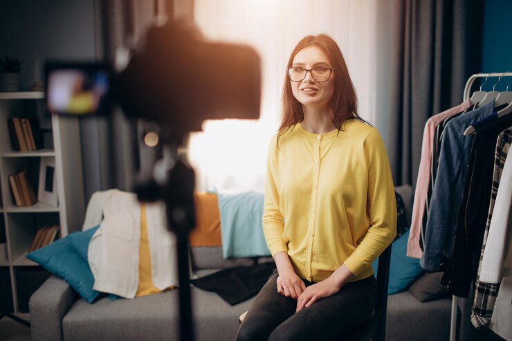 Mujer alegre con anteojos filmando un nuevo video para el blog