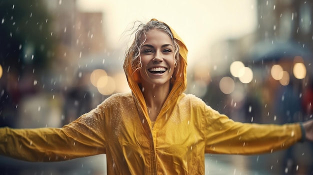 Foto mujer alegre bailando en la calle con impermeable generativo ai