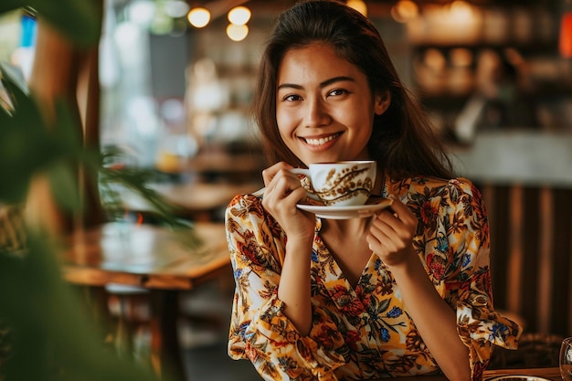 Mujer alegre bebiendo café por la mañana