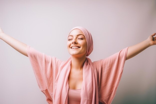 Mujer alegre con los brazos extendidos Concepto de triunfo sobre la adversidad