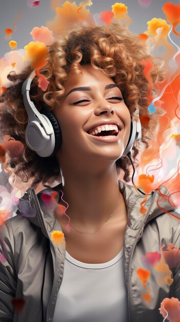 Foto mujer alegre con el cabello ondulado disfrutando de la música con auriculares y una chaqueta ligera retrato en primer plano