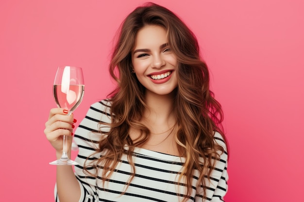 Mujer alegre con el cabello ondulado y la parte superior a rayas brindando con una copa de vino contra un fondo rosado vibrante