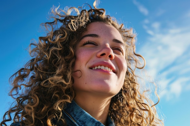 Mujer alegre con el cabello rizado bajo el cielo azul