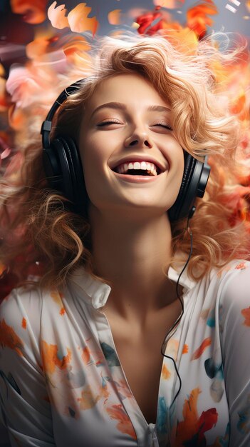 Mujer alegre con el cabello rizado disfrutando de auriculares de música en una sonrisa radiante