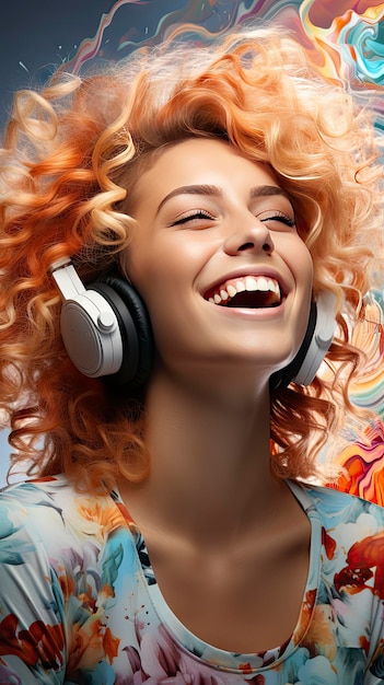 Mujer alegre con el cabello rizado disfrutando de auriculares de música en una sonrisa radiante