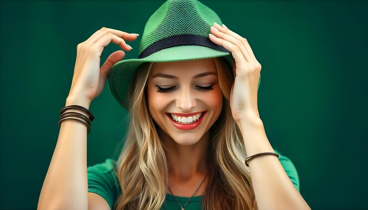 Mujer alegre con cabello rizado y sombrero de trébol en el día de San Patricio