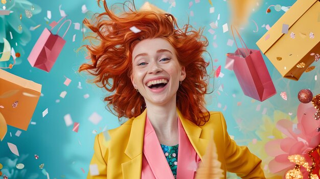 Mujer alegre con cabello rojo fluido celebrando con regalos y confeti composición dinámica de color vibrante perfecta para publicidad y contenido festivo AI