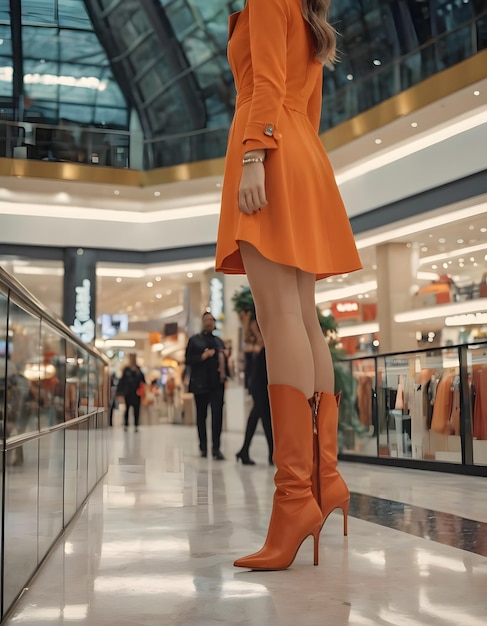 Una mujer alegre caminando por un centro comercial de la ciudad sonriendo