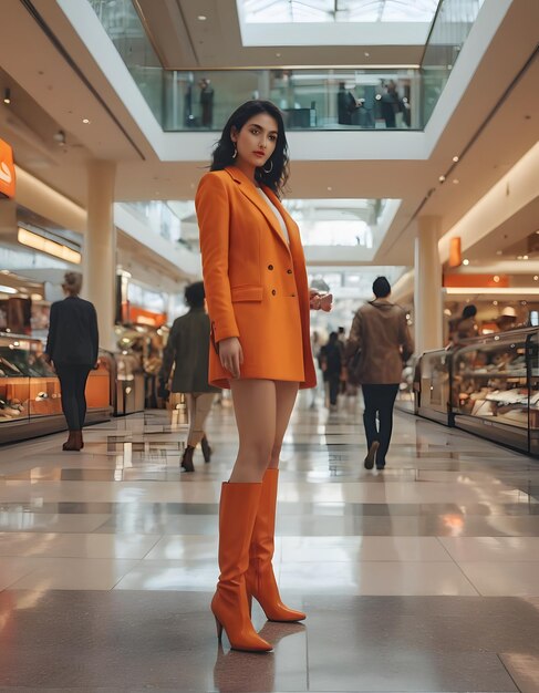 Una mujer alegre caminando por un centro comercial de la ciudad sonriendo