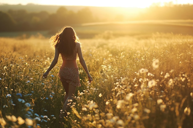 Mujer alegre en el campo al atardecer con falda floral