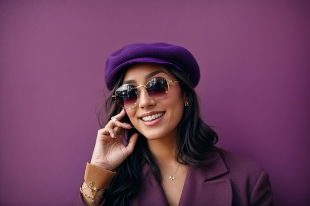 Mujer alegre cantando y sonriendo vestida a la moda con accesorios de colores en un fondo de colores