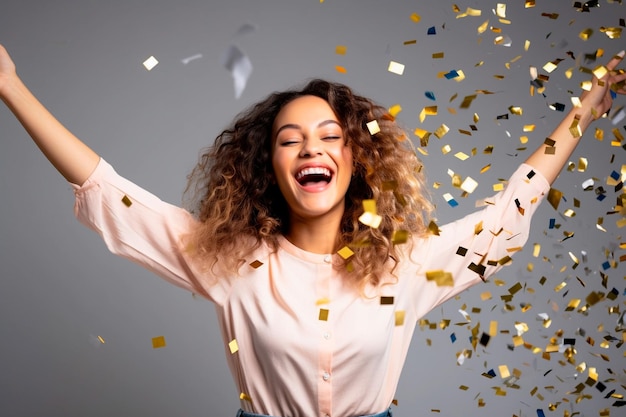 Mujer alegre celebrando con confeti