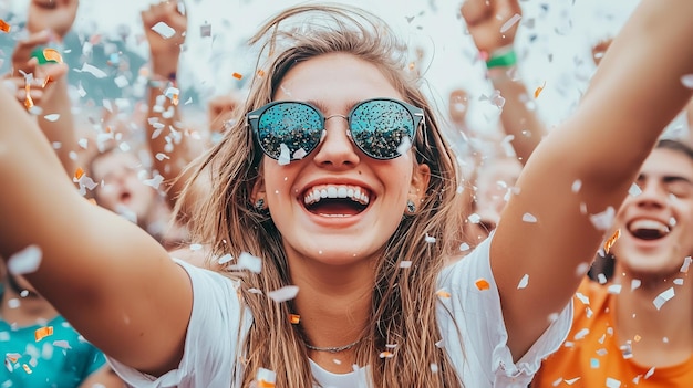 Mujer alegre celebrando en un festival con confeti y sonrisas