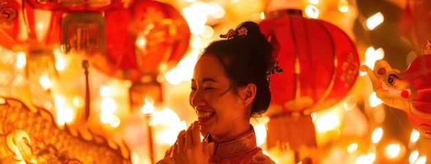 Una mujer alegre celebrando la fiesta china de las linternas