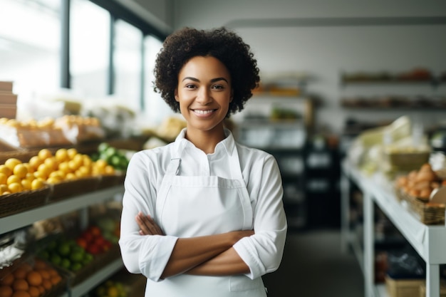 Una mujer alegre de comestibles con los brazos cruzados de pie en una tienda de frutas y verduras bien abastecida