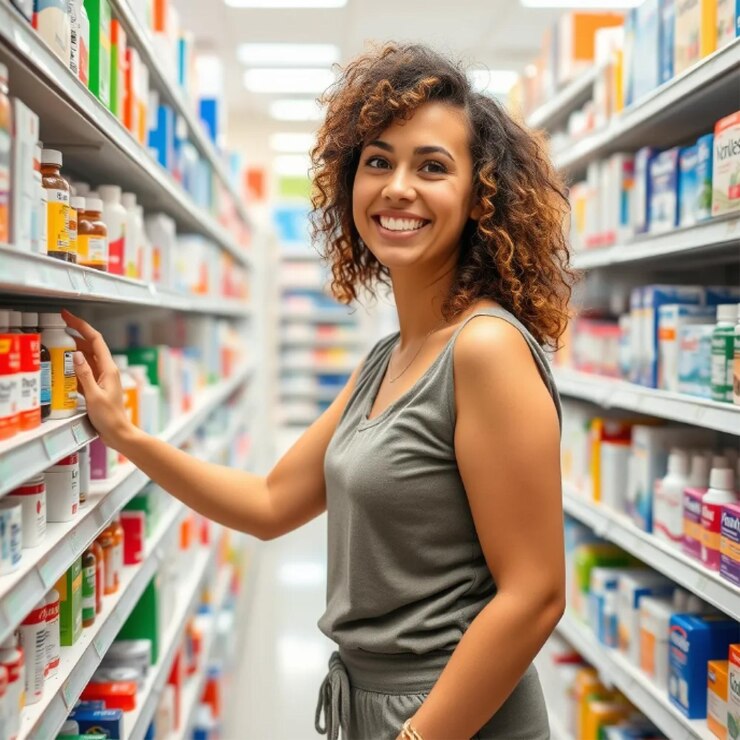 Una mujer alegre comprando productos de salud en una farmacia moderna