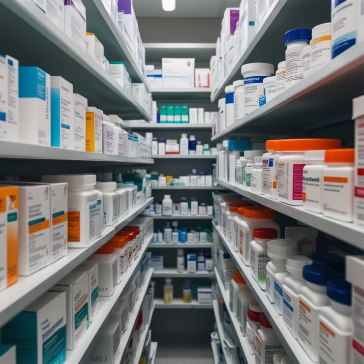 Una mujer alegre comprando productos de salud en una farmacia moderna