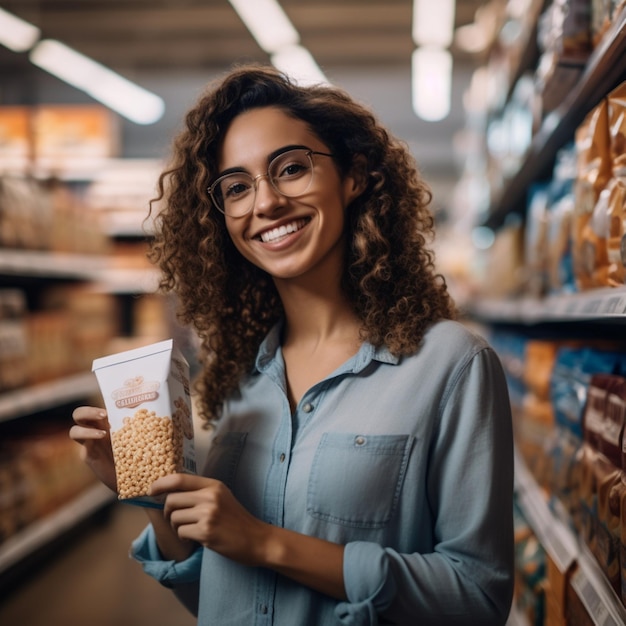 Mujer alegre comprando en un supermercado con una canasta sonriendo a la cámara