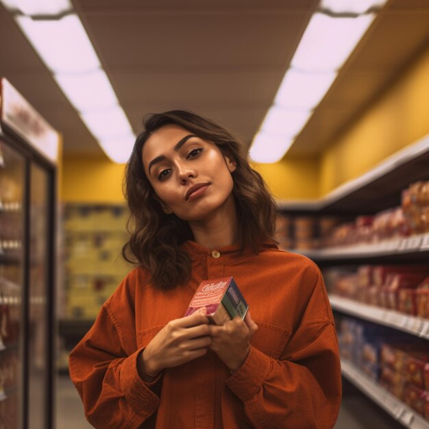 Mujer alegre comprando en un supermercado con una canasta sonriendo a la cámara