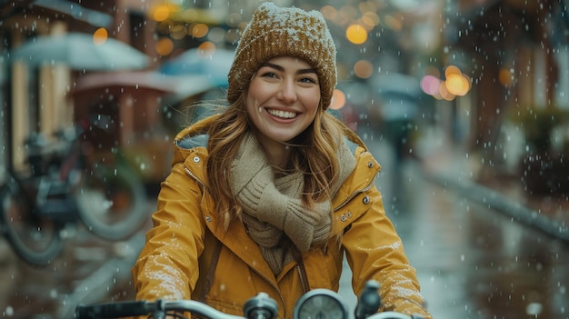 Mujer alegre desafiando la lluvia en bicicleta AI generativa