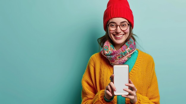 Mujer alegre y elegante con teléfono inteligente en las manos aislada en fondo de color