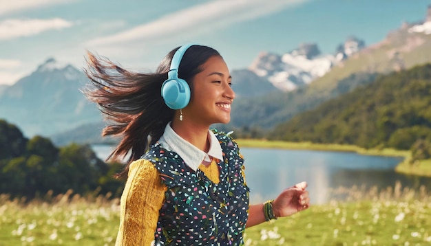 mujer alegre escuchando música con auriculares y bailando en el campo