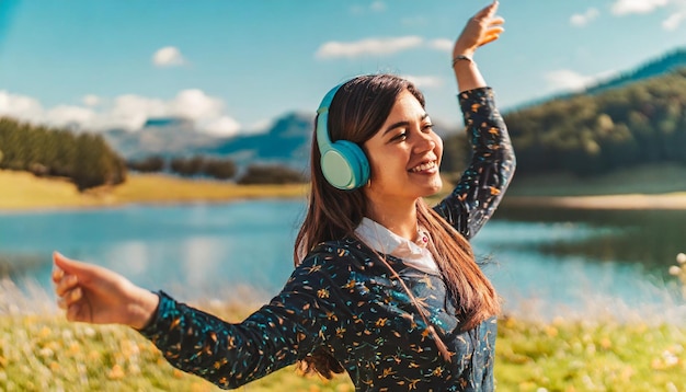 Foto mujer alegre escuchando música con auriculares y bailando en el campo