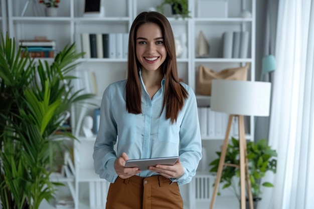 Una mujer alegre está de pie sosteniendo una tableta en una camisa azul Ella parece confiada y comprometida con el dispositivo en la mano