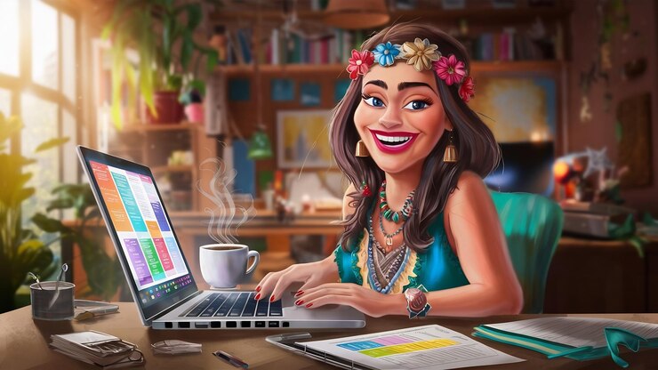 Foto mujer alegre haciendo papeleo en la computadora portátil