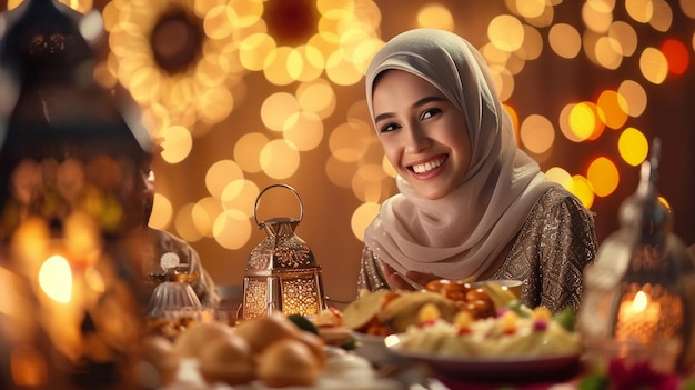 Una mujer alegre con un hijab se sienta en una mesa adornada con comidas tradicionales que celebran el Ramadán