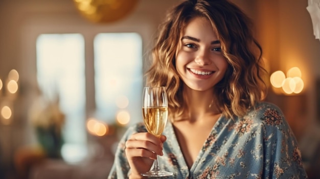 Mujer alegre de IA generativa disfrutando de champán durante la fiesta