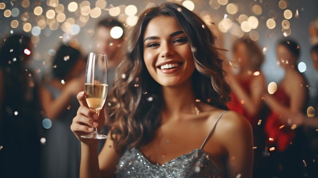 Mujer alegre de IA generativa disfrutando de champán durante la fiesta