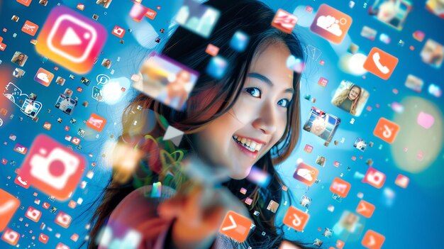 Una mujer alegre interactuando con vibrantes iconos de las redes sociales que representan la comunicación digital