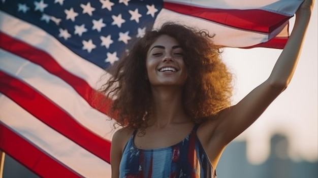 Mujer alegre joven hombros celebración de saludo de bandera americana