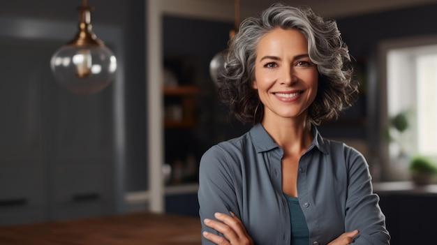 Mujer alegre de mediana edad con las manos cruzadas generada por IA