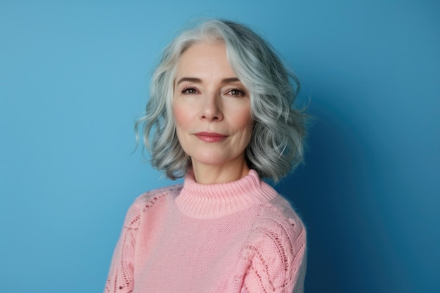 Mujer alegre de mediana edad con suéter sobre fondo azul