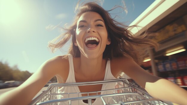 Foto una mujer alegre montando un carrito de compras adecuado para campañas publicitarias