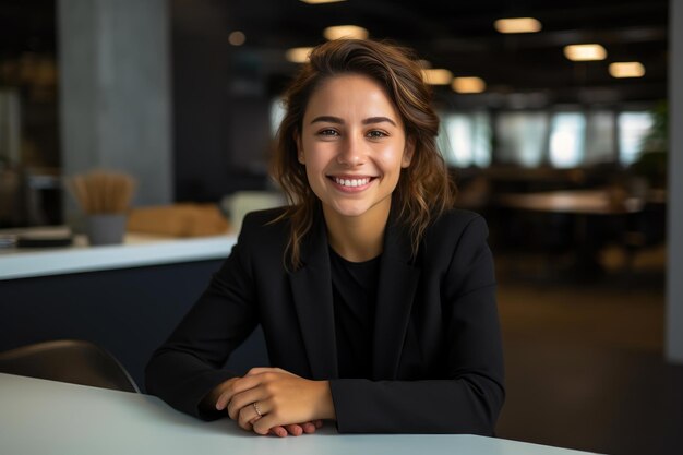 Una mujer alegre en la oficina