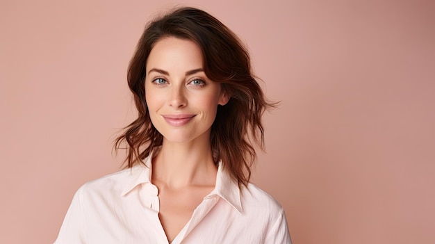 Mujer alegre con ojos azules, cabello castaño oscuro y una hermosa sonrisa sobre un fondo rosa.