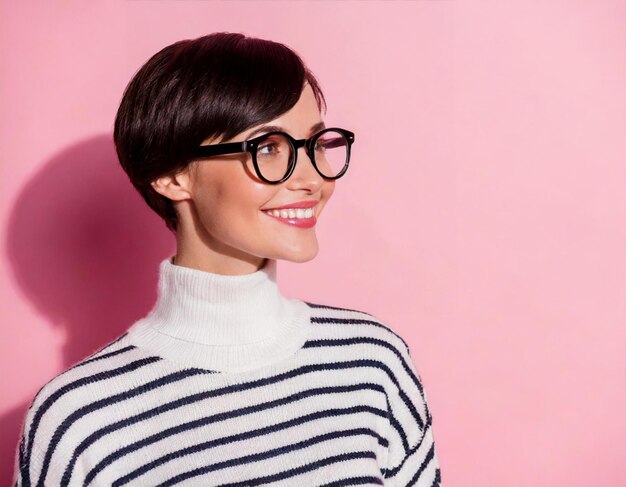 mujer alegre con peinado corto usar suéter a rayas mirar lado espacio vacío aislado en color rosa