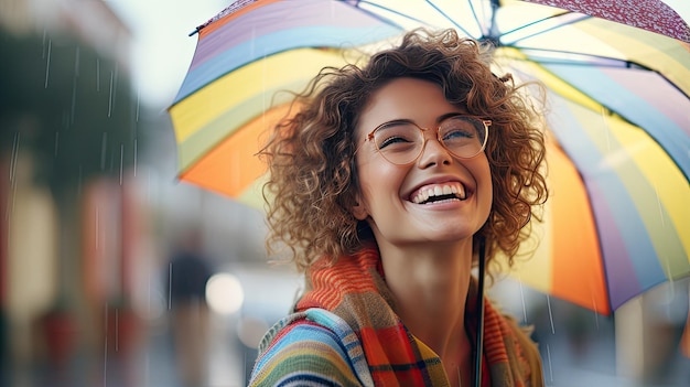 una mujer alegre de pie al aire libre en un día de lluvia sosteniendo un paraguas de colores su sonrisa sincera
